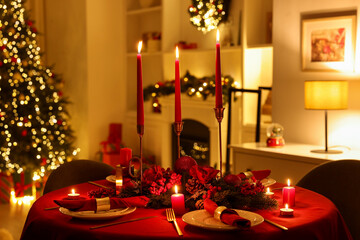 Stylish Christmas table setting with plates, festive decor and burning candles indoors