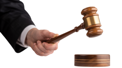 Hand holding wooden gavel over sounding block isolated on a transparent background