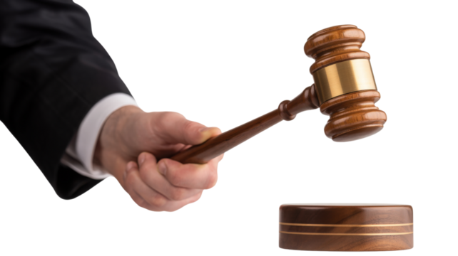 Hand holding wooden gavel over sounding block isolated on a transparent background