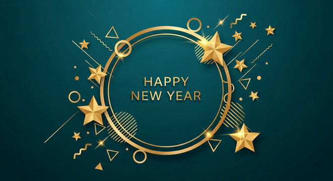 Illustration of golden geometric shapes on a teal background, forming a festive New Year design, symbolizing celebration, joy, and festive atmosphere - Powered by Adobe