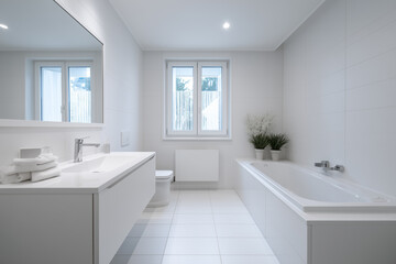 minimalist bright bathroom with builtin tub, crisp tile flooring, stacked towels and subtle recessed lighting
