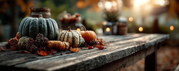 Autumn pumpkin centerpiece on rustic wooden table with gourds and pinecones in warm evening light