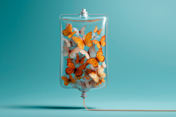 realistic photo of an iv bag filled with butterlies