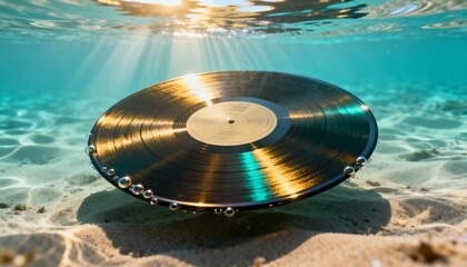 A vinyl record floats underwater, illuminated by sunlight, creating a serene and artistic scene with bubbles and sandy texture below.