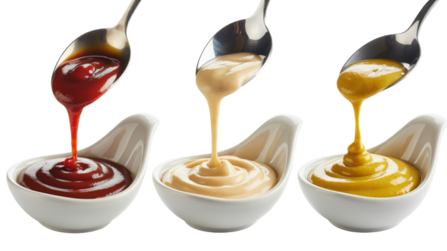 Three Sauces Poured From Spoons isolated on a transparent background - Powered by Adobe