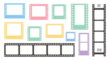 Collection of colorful blank film strips and photo frames for creative design and nostalgic memories