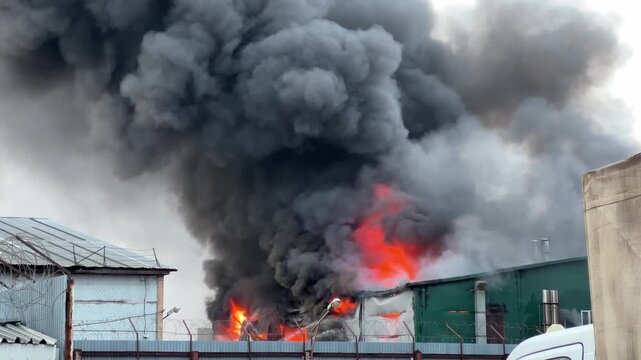 Dangerous industrial building fire with intense orange flames and huge plumes of thick, black smoke rising into the overcast sky