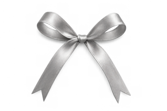 Silver satin ribbon bow for gift wrapping and decoration, tying an elegant knot, transparent background
