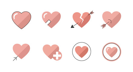 Collection of eight stylized pink heart icons representing love and relationships with various symbolic elements