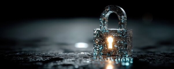 Secure digital lock with circuit patterns and glowing keyhole symbolizing cybersecurity and data protection