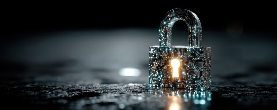 Secure digital lock with circuit patterns and glowing keyhole symbolizing cybersecurity and data protection