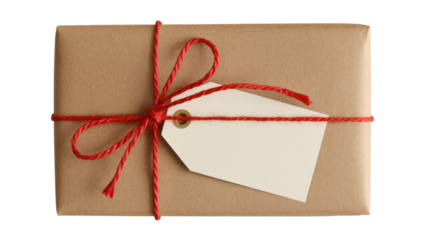 Brown package with red string and tag isolated on a transparent background