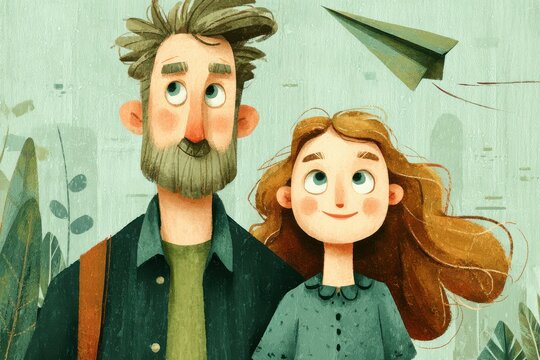 A father and daughter share a joyful moment outdoors with a paper plane under a soft green sky