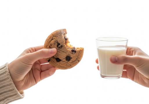 Enjoying a chocolate chip cookie with a glass of milk, a classic combination for a comforting and delightful treat isolated on a transparent background	