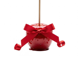 A delicious red candy apple with a red ribbon, a perfect treat for halloween or a festive autumn celebration, sweet and tempting isolated on a transparent background	