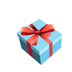 Blue gift box with red ribbon bow, stylish icon for holiday giving, online shopping, festive promo, website branding, greeting cards