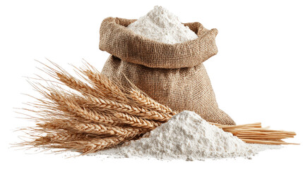 Sack of flour with wheat stalks isolated on a transparent background