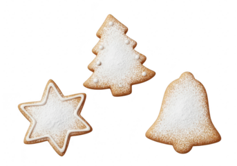 Festive christmas cookies, shaped like a star, a tree, and a bell, dusted with powdered sugar, perfect for holiday treats isolated on a transparent background	
