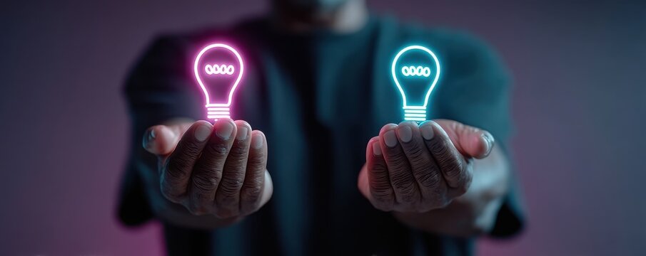 Man holding illuminated lightbulbs in hands symbolizing creativity and innovation - Powered by Adobe