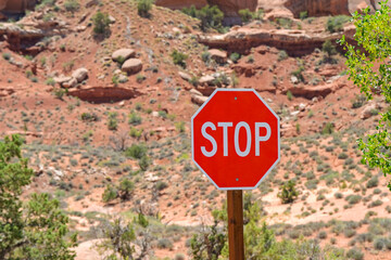 Stop sign at a road junction in the USA. No people.