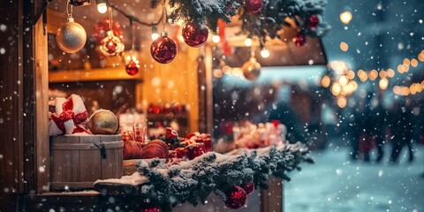 a romantically illuminated stall with arts and crafts at Christmas market in the evening in deep snow