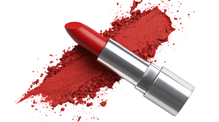 Red lipstick with scattered powder isolated on a transparent background