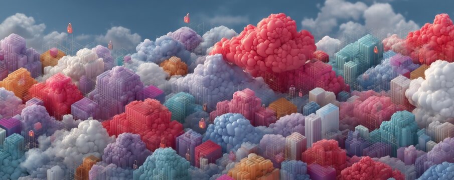 Vibrant cloud cityscape of colorful geometric blocks and floating icons in the sky