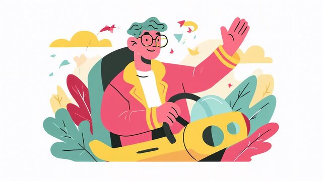 A cheerful character driving a yellow submarine surrounded by leaves and birds, waving happily in a colorful scene.