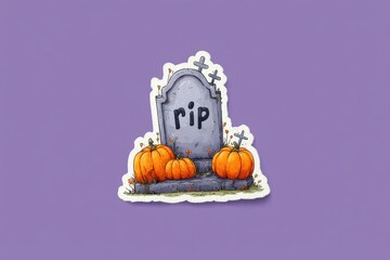 Purple tombstone with rip and pumpkins in a whimsical Halloween graveyard scene
