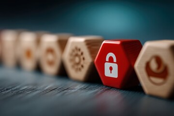 Row of wooden hexagon blocks with security icons and a red padlock symbol, symbolizing cybersecurity concepts