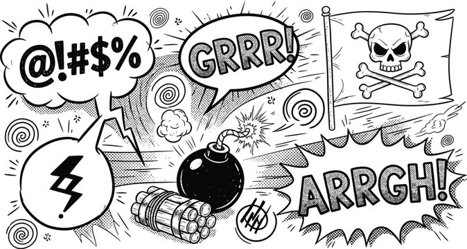 Comic Explosion Elements Pirate Flag, Bomb, Speech Bubbles Isolated on White Background
