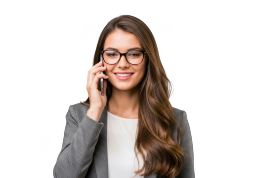 Smiling young businesswoman wearing glasses and a suit jacket talking on her mobile phone isolated on transparent background