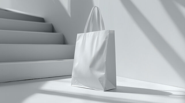 A white shopping bag placed in an empty environment to represent the feeling of financial stress in January