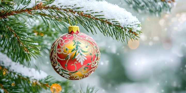 a beautifully decorated christmas bauble hanging on a fir branch over white background