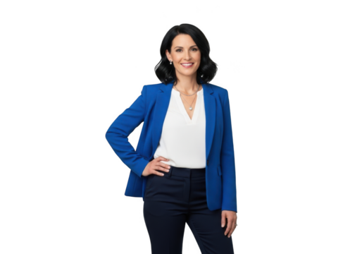 Professional woman in blue blazer and white top standing confidently with hand on hip isolated on transparent background