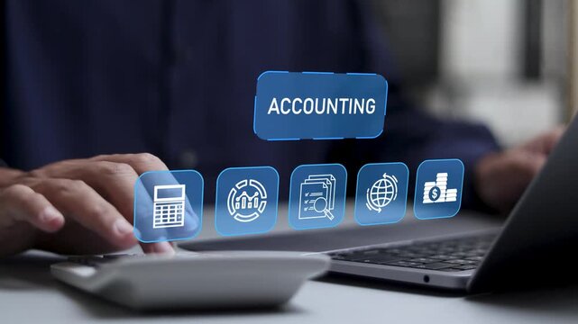 Accounting process with calculator, Strategy, planning, solution for finance, analyzing business data, financial report, budget and tax management. 