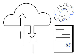 Cloud with arrows, document with signature, and gear represent cloud storage, data sharing, digital contracts, automation, productivity, connectivity and tech workflows. Ideal for workflow use