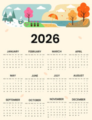 2026 Calendar with Flat Illustration Modern Vector Yearly Planner Design 2026 full calendar template