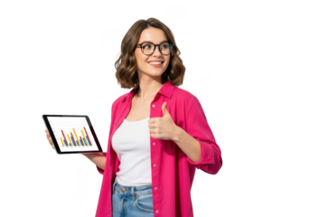 Smiling woman wearing glasses holding a tablet displaying financial charts giving a thumbs up gesture isolated on transparent background