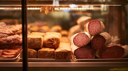 Artisanal cured meats showcase rich textures within a modern butcher shop display case