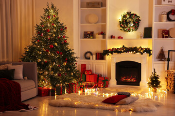Stylish room with Christmas tree, fireplace and festive decor. Interior design