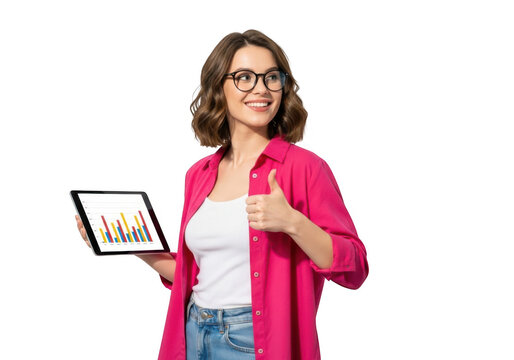 Smiling woman wearing glasses holding a tablet displaying financial charts giving a thumbs up gesture isolated on transparent background