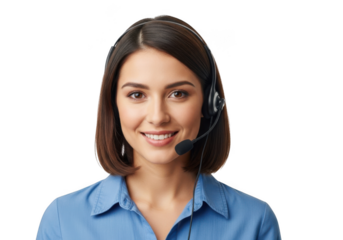 Smiling young woman wearing a headset and a blue collared shirt ready to assist isolated on transparent background