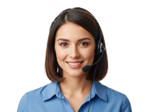 Smiling young woman wearing a headset and a blue collared shirt ready to assist isolated on transparent background