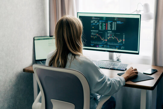 Middle-aged woman analyzes investment charts at a computer desk for stock trading