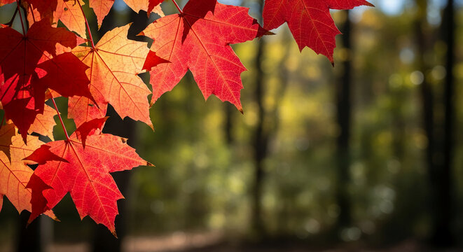 Close-up of vibrant red maple leaves against a blurred forest backdrop, representing the beauty and color of the autumn season, ideal for fall themes