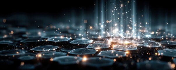 Futuristic hexagonal grid emitting magical glowing lights in a dark environment