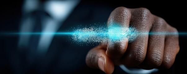 Black businessman touches a glowing digital fingerprint on a futuristic biometric screen
