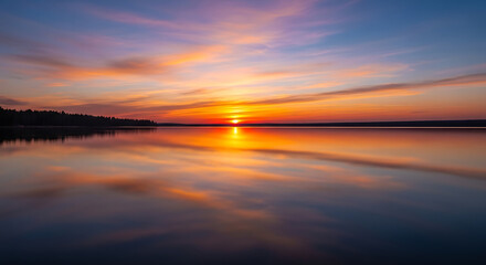 Naklejka premium A serene sunset reflecting on the still lake water with a colorful sky and distant trees horizon