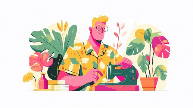 A colorful illustration of a man sewing with plants in the background, showcasing creativity and hobbyist spirit.